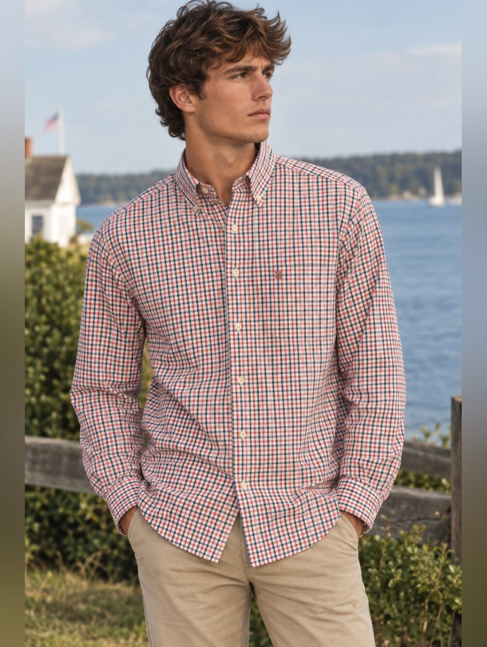 IZOD Plaid Button Down Shirt Men’s M Red Navy Preppy Americana